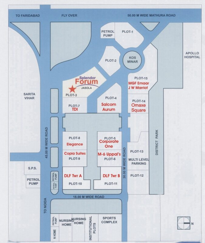 Jasola District Centre map showing DLF Tower A, DLF Tower B, Omaxe Square and office space locations in Delhi