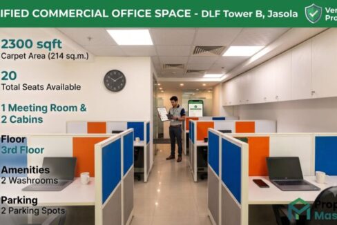 Fully furnished 2,300 sq ft commercial office space interior with 20 modular workstations, private cabins, and meeting room at DLF Tower B, Jasola District Centre, South Delhi.
