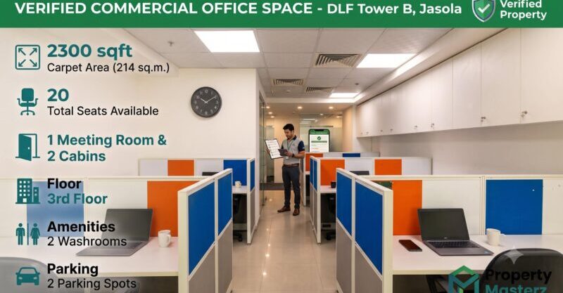Fully furnished 2,300 sq ft commercial office space interior with 20 modular workstations, private cabins, and meeting room at DLF Tower B, Jasola District Centre, South Delhi.