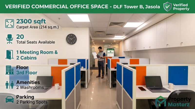 Fully furnished 2,300 sq ft commercial office space interior with 20 modular workstations, private cabins, and meeting room at DLF Tower B, Jasola District Centre, South Delhi.