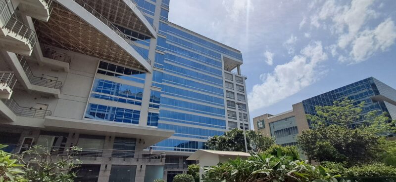 Exterior view of premium Grade-A commercial office towers in Jasola District Centre, South Delhi